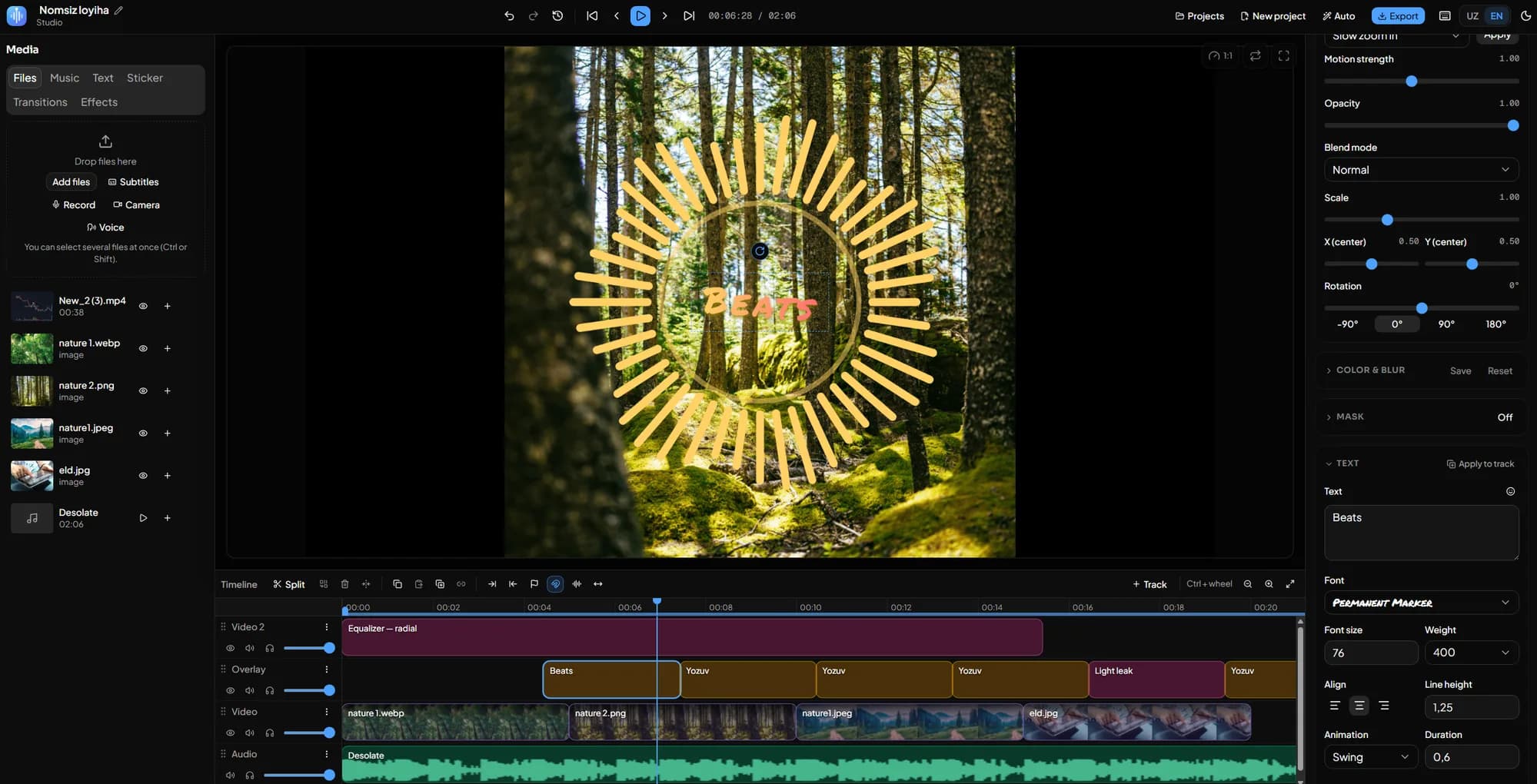 Ondo Studio muharriri: timeline, preview va xossalar paneli